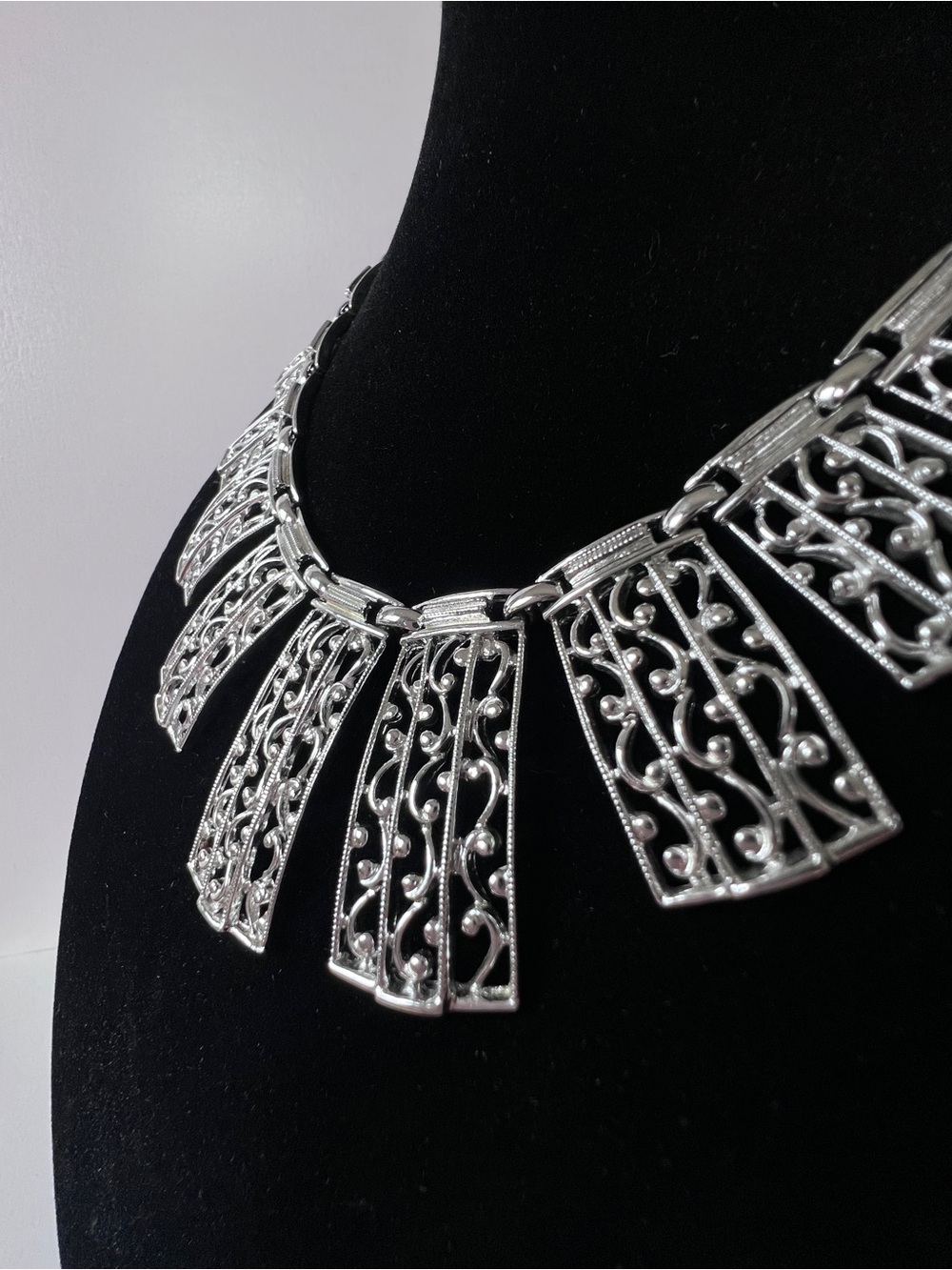 60s Sarah Coventry Silver Tone Filigree Bib Statement Necklace Signed Vintage